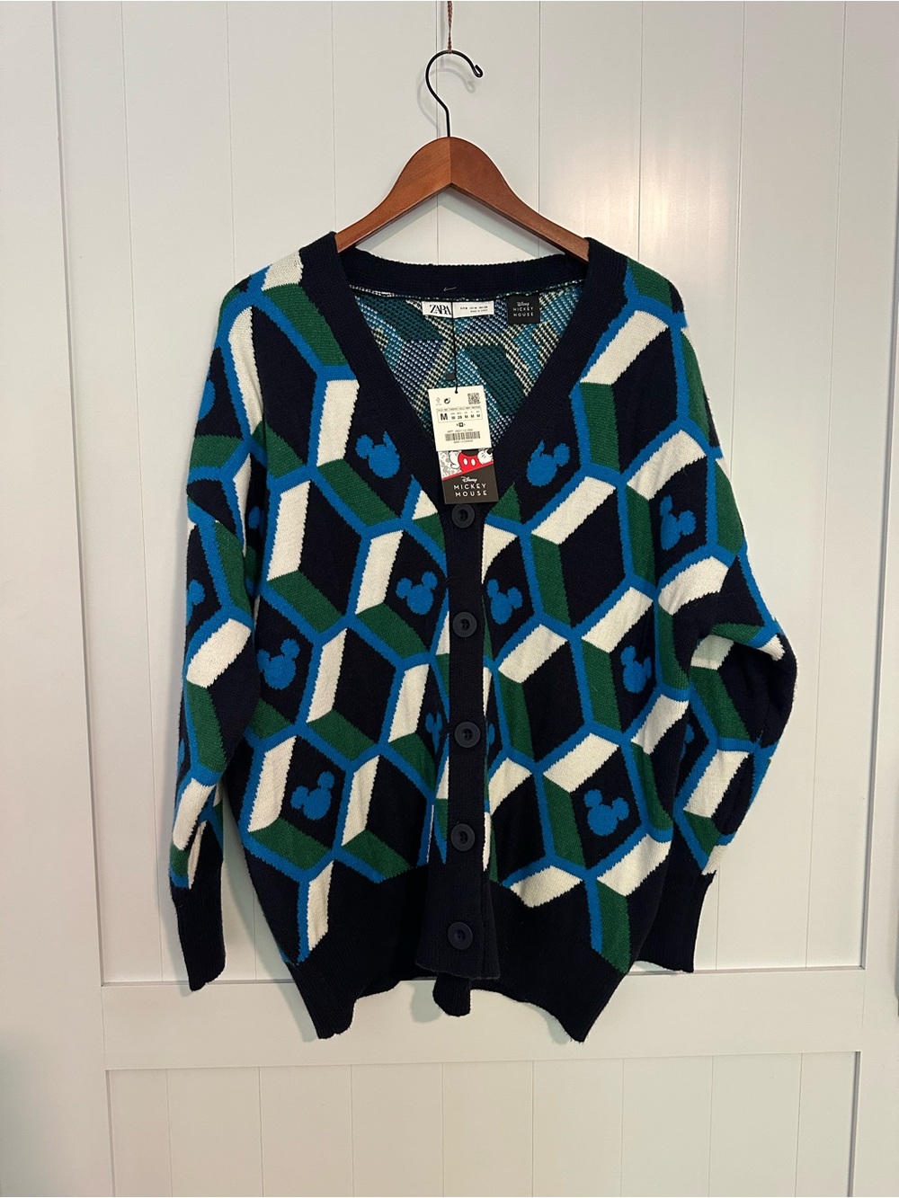 Zara Navy, Blue & Green Geometric V-Neck Cardigan